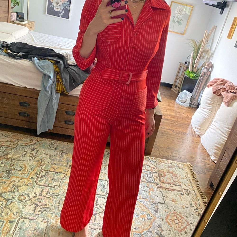 Vintage Red Pinstripe Belted Polyester Jumpsuit